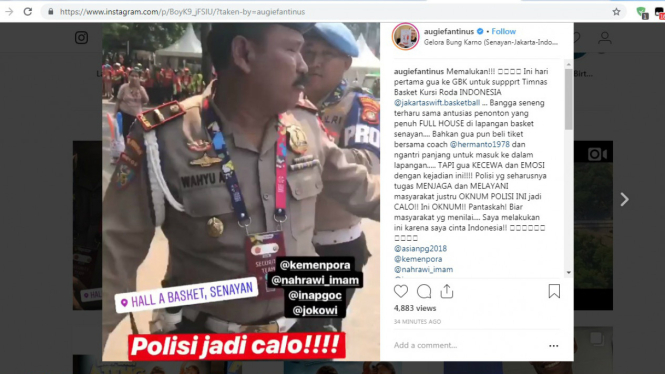Postingan Instagram artis Augie Fantinus soal oknum polisi jual tiket Asian Para Games 2018.