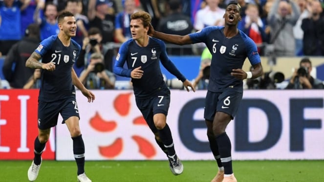 Para pemain Timnas Prancis merayakan gol ke gawang Jerman