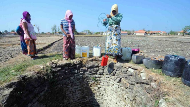 Warga antre mengambil air bersih di salah satu sumur di tengah sawah yang mengering akibat kemarau di Desa Pegagan, Pamekasan, Jawa Timur