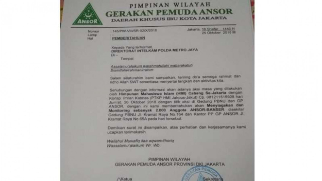 Surat pemberitahuan GP Ansor kerahkan 2.000 Banser amankan demo PBNU