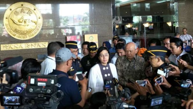 Menteri Keuangan Sri Mulyani di Gedung Basarnas, Jakarta.