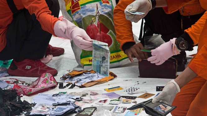 Petugas gabungan Polri dan Basarnas mengidentifikasi identitas penumpang kapal pasca kecelakaan pesawat Lion Air JT 610 di posko Basarnas, Terminal JICT 2, Pelabuhan Tanjung Priok, Jakarta, Selasa, 30 Oktober 2018.