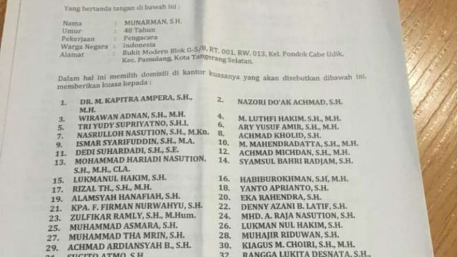 Surat kuasa Habib Rizieq Shihab kepada Kapitra Ampera.