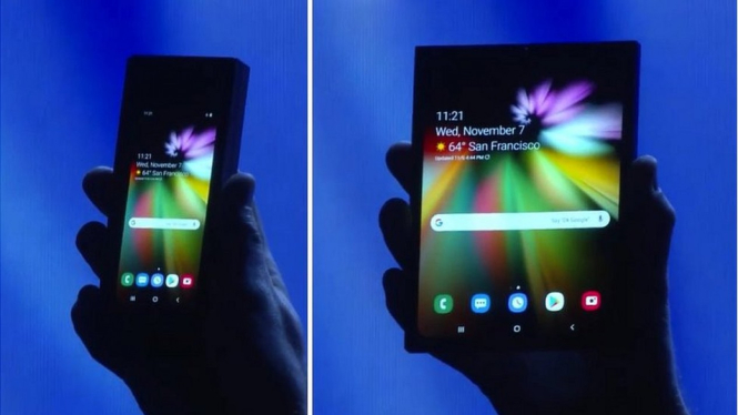 Ketika dilipat, perangkat itu akan menyerupai tablet berukuran 18,5 cm, namun saat dilipat, "display penutup" yang terpisah di sisi lain ponsel bisa digunakan. - Samsung
