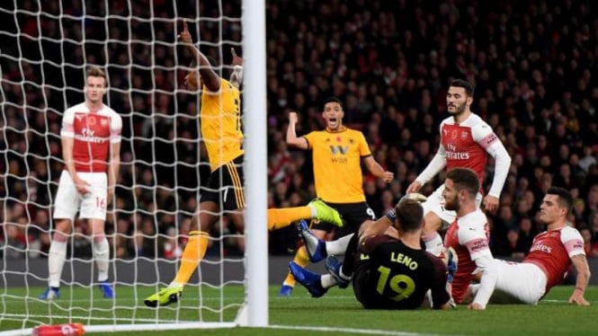 Selebrasi gol pemain Wolverhampton ke gawang Arsenal