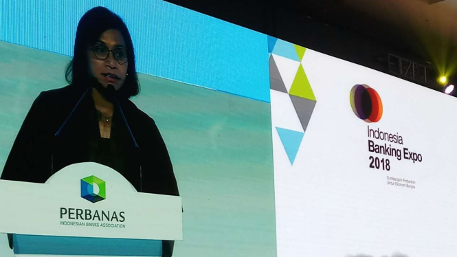 Menteri Keuangan Sri Mulyani di acara Indonesia Banking Expo.