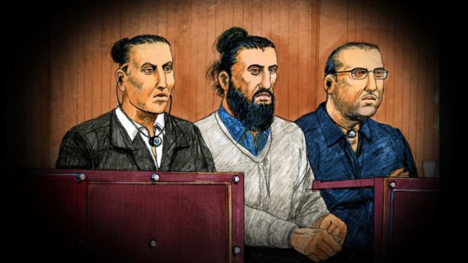 Ilustrasi para terdakwa (dari kiri) Ahmed Mohamed, Abdullah Chaarani, dan Hamza Abbas.