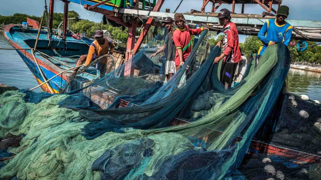 出海后，渔民齐心协力布置渔网。 （照片说明）。