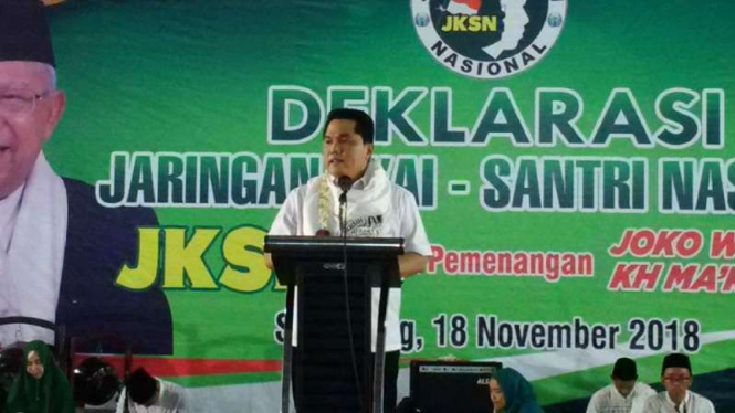 Ketua Tim Pemenangan Jokowi-Ma'ruf Amin, Erick Thohir, dalam deklarasi Jaringan Kyai-Santri Nasional Jawa Tengah di Kota Semarang, Minggu, 18 November 2018.
