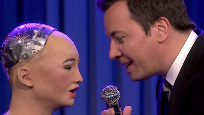 Robot Sophia bernyanyi di acara The Tonight Show