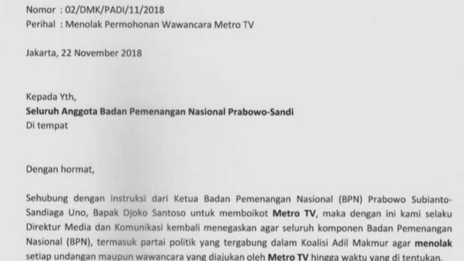 Kubu Prabowo-Sandiaga boikot Metro TV