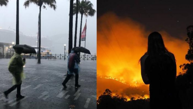 Saat badai hujan menerjang Sydney dan sekitarnya, kebakaran hutan akibat cuaca panas melanda Queensland di utara New South Wales.