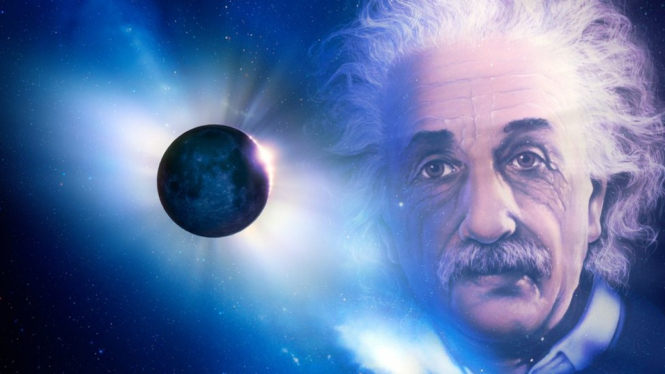 Ilustrasi foto Einstein dan gerhana total matahari. - Science Photo Library