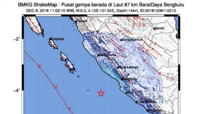 Gempa berkekuatan 5.0 SR terjadi di bawah laut 87 kim Barat Daya Bengkulu