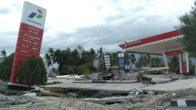 SPBU hancur akibat gempa di Kelurahan Jono Oge, Kecamatan Sigi Biromaru, Sigi.