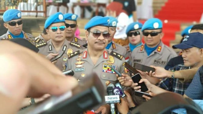 Kepala Divisi Hubungan Internasional Polri Inspektur Jenderal Polisi HS Maltha saat memimpin upacara pembaretan bagi calon peacekeeper di Pusat Latihan Multifungsi Polri, Cikeas, Bogor, Minggu, 16 Desember 2018.