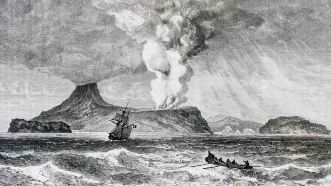 Ilustrasi abad 19 akan letusan Gunung Api Perbuatan di Pulau Krakatau, Agustus 1883.-DeAgostini/Getty Images/DEA PICTURE LIBRARY