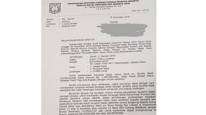 Surat permintaan dana untuk Natal Pemprov DKI