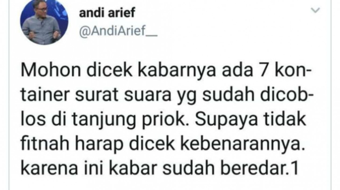Cuit Andi Arief di twitter sebelum dihapus.