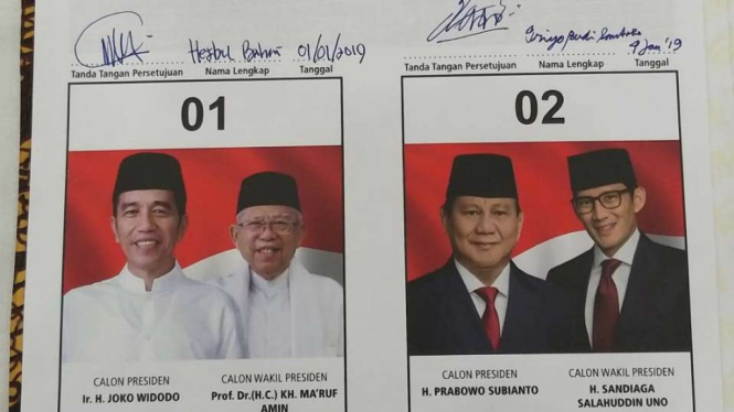 Gambar dua pasangan capres-cawapres di surat suara untuk Pilpres 2019