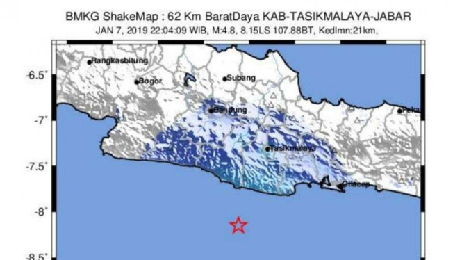 Wilayah Tasikmalaya di Jawa Barat diguncang gempa bumi tektonik dengan kekuatan 4,8 magnitudo pada pukul 22.04 WIB, Senin, 7 Januari 2019.