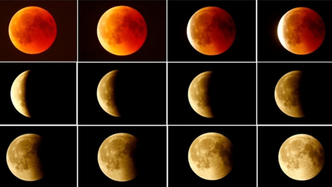 Deretan foto yang menunjukkan transformasi gerhana bulan (pojok kiri atas) menjadi bulan purnama (pojok kanan bawah) pada Juli 2018 lalu.-Reuters