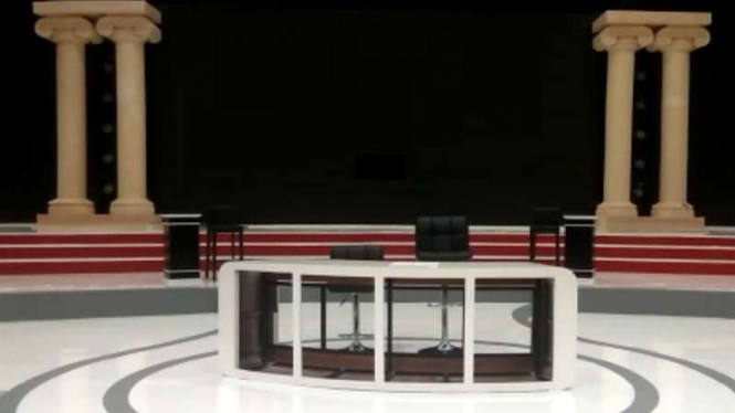 Set panggung untuk pelaksanaan debat pilpres 2019 putaran kedua.