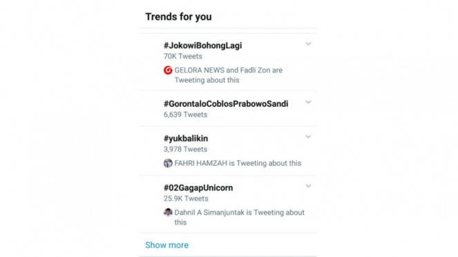 Trending Twitter #JokowiBohongLagi dan #02GagapUnicorn