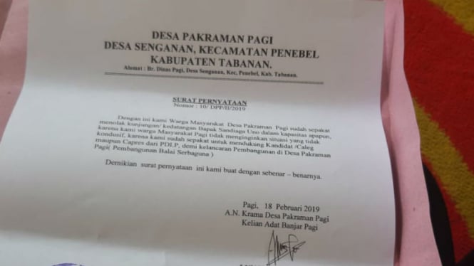 Surat penolakan Sandiaga oleh warga Bali