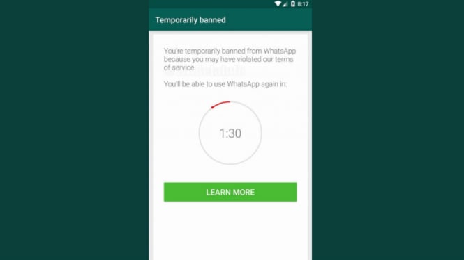 Notifikasi blokir sementara di WhatsApp.