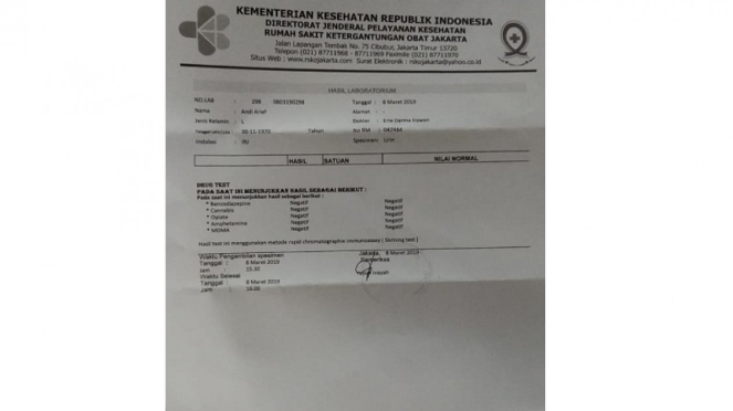 Surat hasil tes urine Andi Arief dinyatak negatif