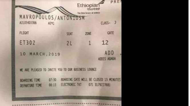 Tiket Mavropoulos yang ketinggalan pesawat Ethiopian Airlines, lolos dari maut