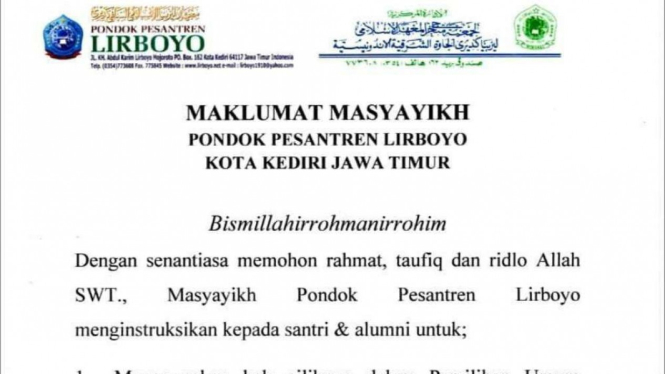 Maklumat Masyayikh Pondok Pesantren Lirboyo Kota Kediri Jawa Timur.