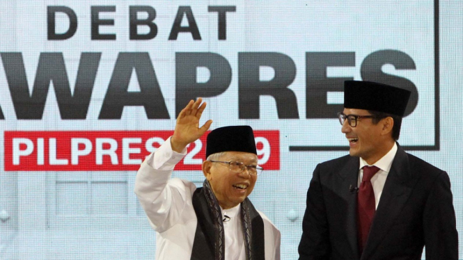 Sandiaga Uno dan Ma'ruf Amin usai melaksanakan debat calon wakil presiden 2019.