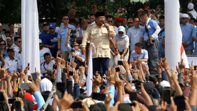 Calon presiden Prabowo Subianto menghadiri kampanye terbuka di Stadion Sriwedari, Solo, Jawa Tengah, Rabu, 10 April 2019.