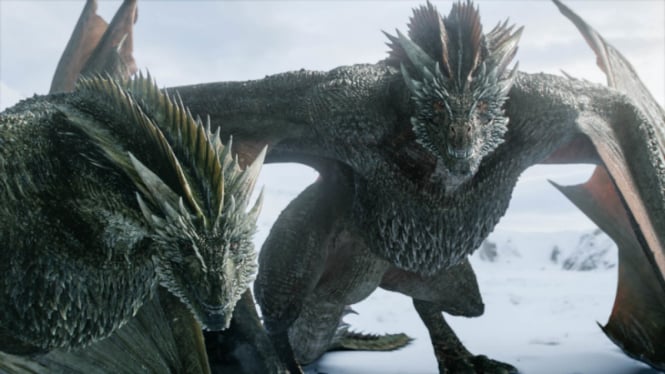 2 naga Daenerys Targaryen, Drogon dan Rhaegal di Game of Thrones Season 8.