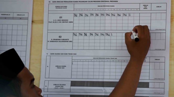 Petugas KPPS melakukan penghitungan suara Pilpres di TPS 002 Selong, Kebayoran Baru, Jakarta,