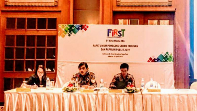 Presiden Direktur First Media, Harianda Noerlan, saat ditemui usai RUPST, di Jakarta, Jumat, 26 April 2019.