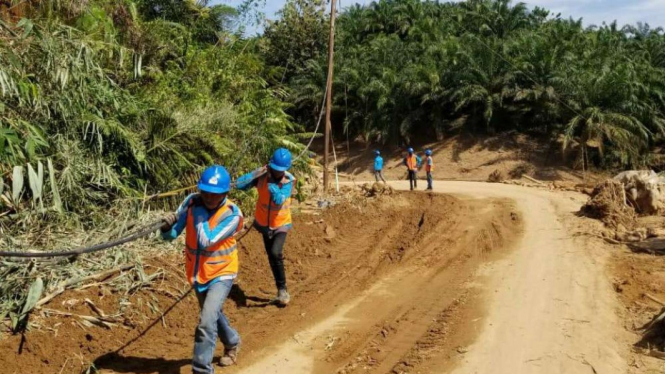 Perbaikan jaringan listrik di Bengkulu pasca banjir bandang.