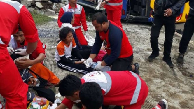 Para siswa korban kecelakaan di Puncak, Bogor, Jawa Barat.