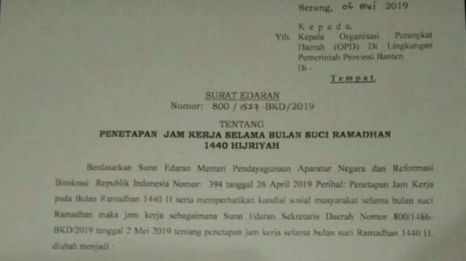 Surat Edaran Gubernur Banten tentang Penetapan Jam kerja selama Bulan Suci Ramad