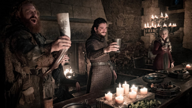 Tormund Giantsbane, Jon Snow dan Daenerys Targaryen di Game of Thrones.
