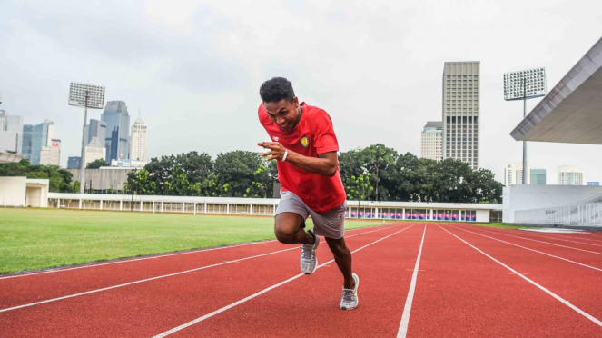 Pelari Estafet Muhammad Zohri melakukan sesi latihan di Stadion Madya, komplek Gelora Bung Karno, Selasa, 7 Mei 2019.