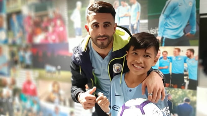 Bocah korban gempa Palu, Muhamad Rizky bersama bintang ManCity, Riyad Mahrez