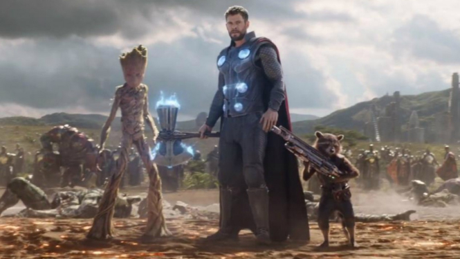 Thor, Rocket Racoon dan Groot di Infinity War.