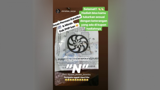 Instastory mendapatkan huruf N permen Yosan