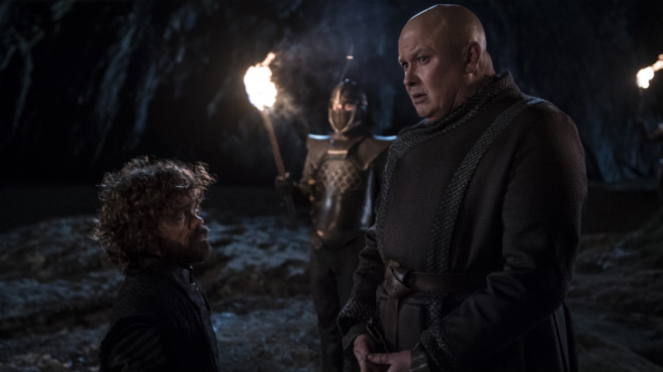 Tyrion Lannister dan Lord Varys dalam Game of Thrones Season 8.