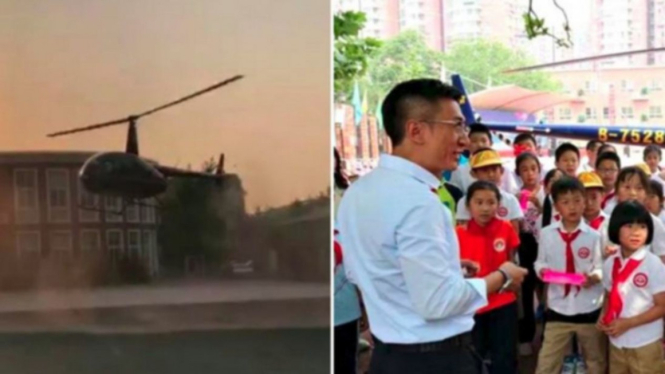 Pria bermarga Chen mengantar anaknya ke sekolah pakai helikopter