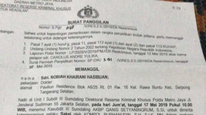 Surat panggilan Ani Hasibuan