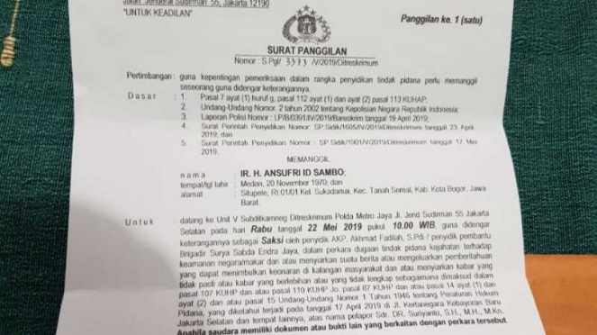 Surat panggilan terhadap Ustaz Sambo terkait kasus keamanan negara atau makar.